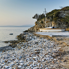 Sunset view on embankment in Thassos town, East Macedonia and Thrace, Greece