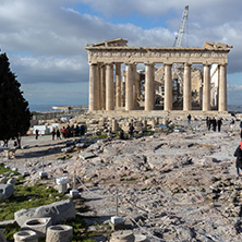 ATHENS, GREECE - JANUARY 20 2017:  Amazing panorama of The Parthenon in the Acropolis of Athens, Attica, Greece