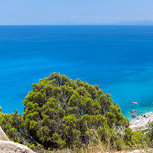 Amazing Panoramic view of Kokkinos Vrachos Beach with blue waters, Lefkada, Ionian Islands, Greece
