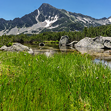 Landscape with Reflection of Sivrya peak in Banski lakes, Pirin Mountain, Bulgaria