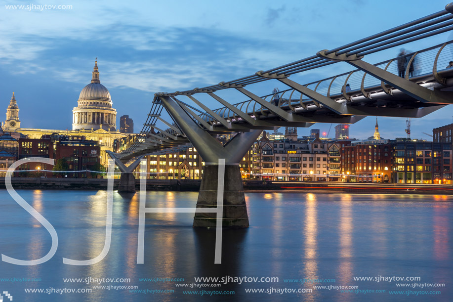 LONDON, ENGLAND - JUNE 17 2016: Night photo of Thames River,  Millennium Bridge and  St. Paul Cathedral, London, Great Britain