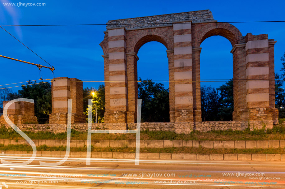 Night photo of Ruins of Roman Aqueduct in city of Plovdiv, Bulgaria