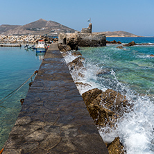 Amazing Panorama of Venetian fortress and port in Naoussa town, Paros island, Cyclades, Greece