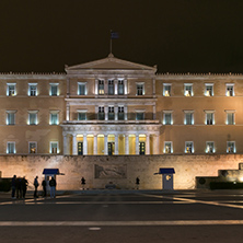 ATHENS, GREECE - JANUARY 20 2017:  Night photo of The Greek parliament in Athens, Attica, Greece