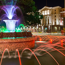 SOFIA, BULGARIA - JUNE 30, 2017: Night photo of Fountain in front of The Building of the Presidency in Sofia, Bulgaria