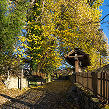 BOZHENTSI, BULGARIA - OCTOBER 29 2016:   Street with autumn trees in village of Bozhentsi, Gabrovo region, Bulgaria