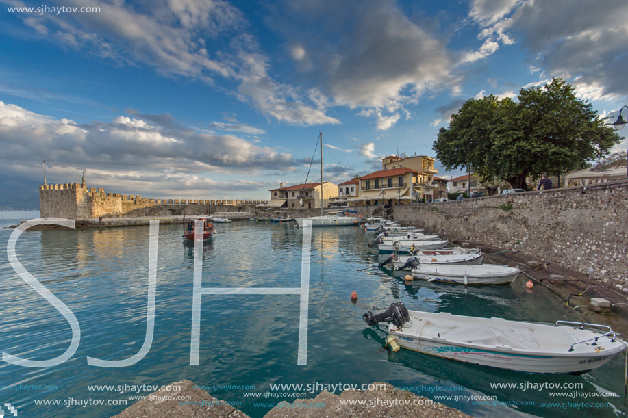NAFPAKTOS, GREECE - MAY 28, 2015: Sunset panorama of Fortification at the port of Nafpaktos town, Western Greece