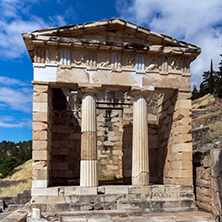 Treasury of Athens in Ancient Greek archaeological site of Delphi, Central Greece