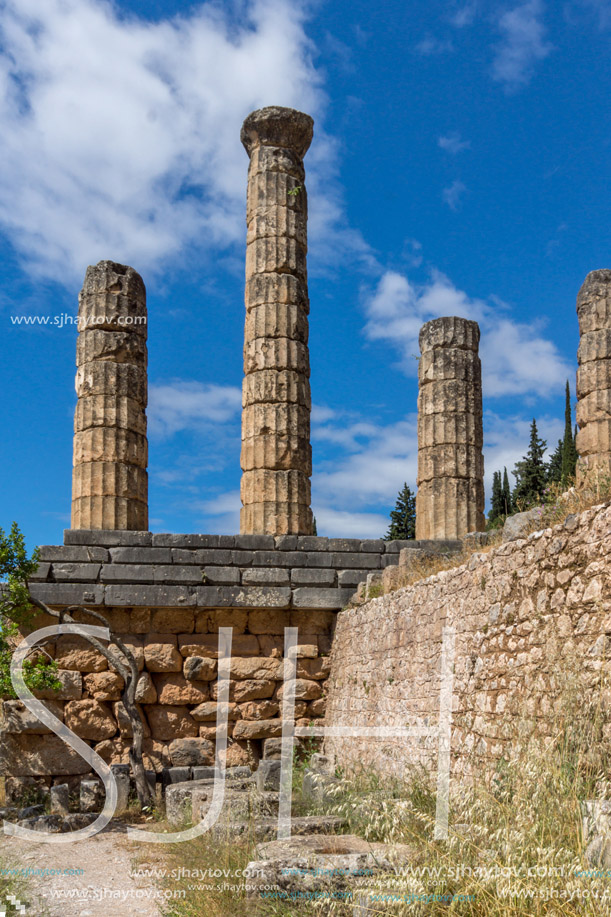 Columns in The Temple of Apollo in Ancient Greek archaeological site of Delphi, Central Greece
