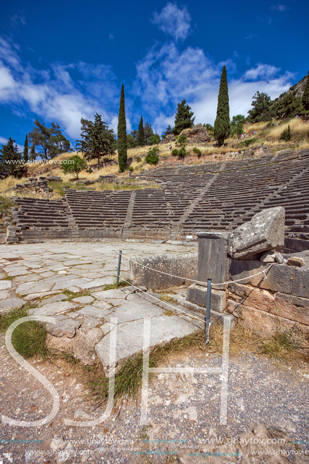 Panorama of Amphitheatre in Ancient Greek archaeological site of Delphi, Central Greece