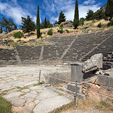 Panorama of Amphitheatre in Ancient Greek archaeological site of Delphi, Central Greece