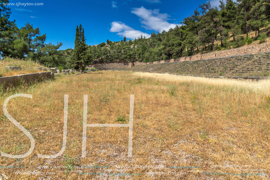 Panoramic view of Stadium at Ancient Greek archaeological site of Delphi, Central Greece