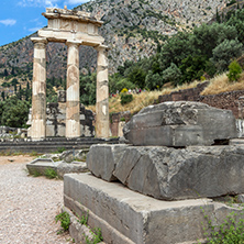 Ruins of Athena Pronaia Sanctuary at Ancient Greek archaeological site of Delphi, Central Greece