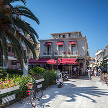 LEFKADA TOWN, GREECE - JULY 17, 2014: Panoramic view of street in  Lefkada town, Ionian Islands, Greece