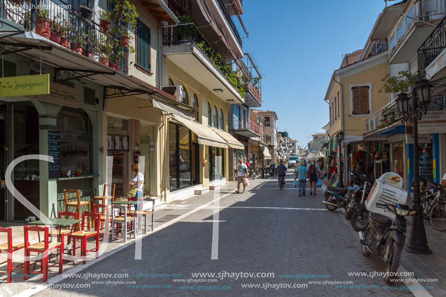 LEFKADA TOWN, GREECE - JULY 17, 2014: Panoramic view of street in  Lefkada town, Ionian Islands, Greece