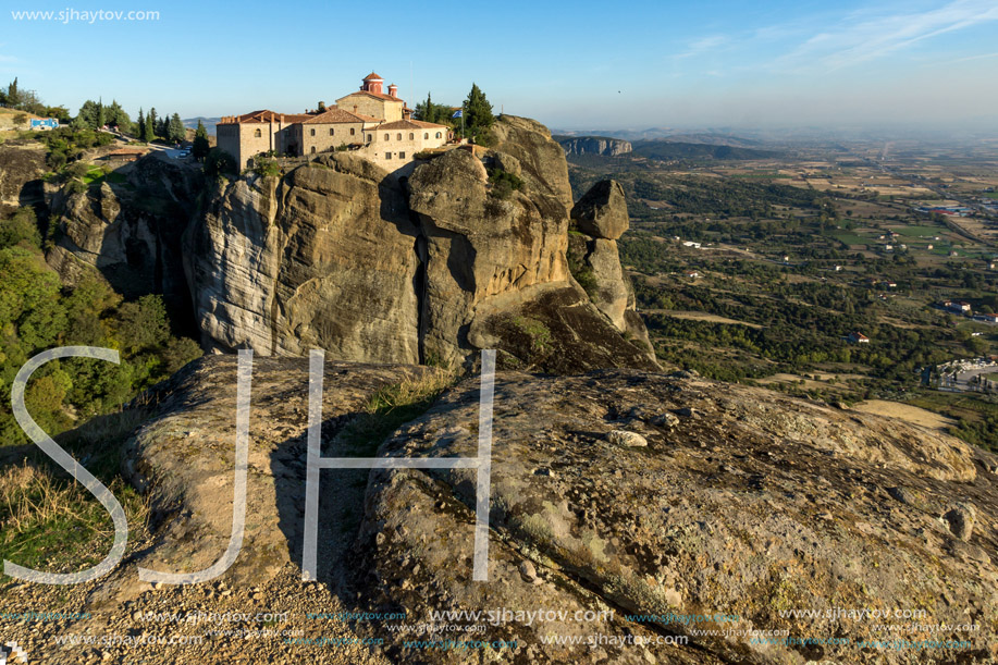 Amazing Sunset Landscape of Holy Monastery of St. Stephen in Meteora, Thessaly, Greece