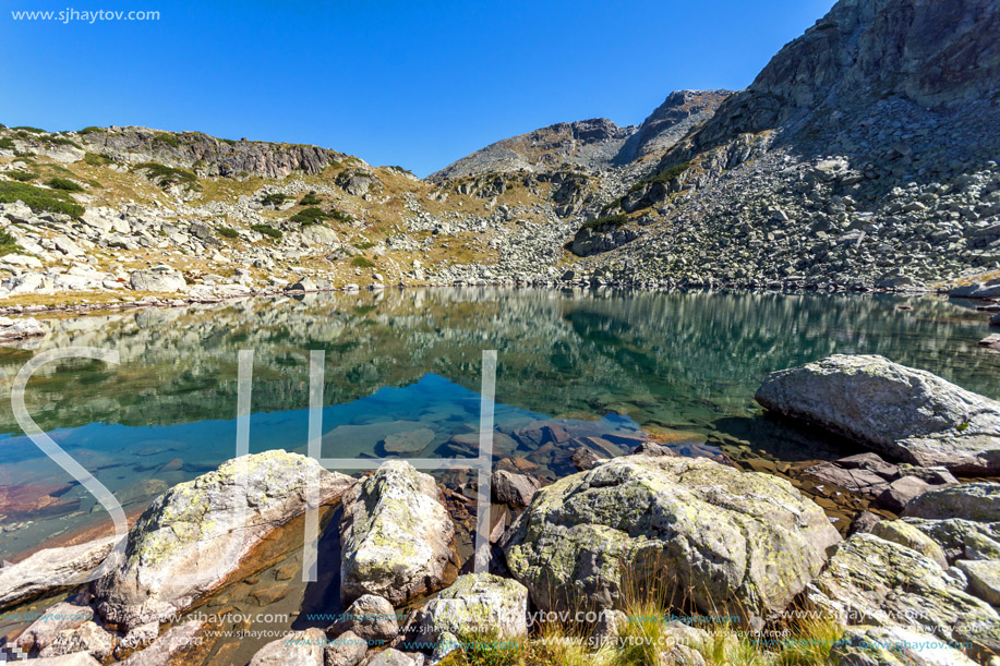 Panorama of lake with clear waters, Rila Mountain, Bulgaria