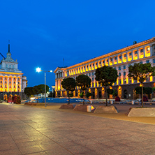 SOFIA, BULGARIA - JULY 21, 2017: Night photo of Buildings of Presidency and Former Communist Party House in Sofia, Bulgaria