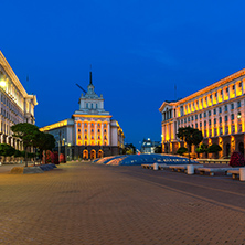 SOFIA, BULGARIA - JULY 21, 2017: Night photo of Buildings of Presidency and Former Communist Party House in Sofia, Bulgaria