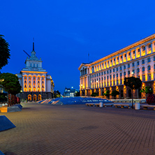 SOFIA, BULGARIA - JULY 21, 2017: Night photo of Buildings of Presidency and Former Communist Party House in Sofia, Bulgaria