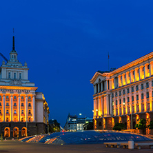 SOFIA, BULGARIA - JULY 21, 2017: Night photo of Buildings of Presidency and Former Communist Party House in Sofia, Bulgaria