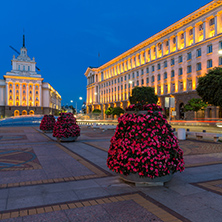 SOFIA, BULGARIA - JULY 21, 2017: Night photo of Buildings of Presidency and Former Communist Party House in Sofia, Bulgaria