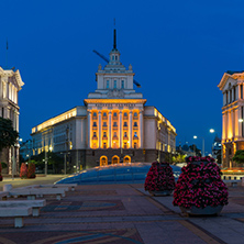 SOFIA, BULGARIA - JULY 21, 2017: Night photo of Buildings of Presidency, Buildings of Council of Ministers and Former Communist Party House in Sofia, Bulgaria