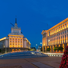 SOFIA, BULGARIA - JULY 21, 2017: Night photo of Buildings of Presidency and Former Communist Party House in Sofia, Bulgaria