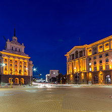 SOFIA, BULGARIA - JULY 21, 2017: Night photo of Buildings of Presidency and Former Communist Party House in Sofia, Bulgaria