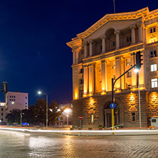 SOFIA, BULGARIA - JULY 21, 2017: Night photo of Buildings of Presidency and Former Communist Party House in Sofia, Bulgaria