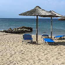 Panoramic view of Blue Dolphin Beach at Sithonia peninsula, Chalkidiki, Central Macedonia, Greece