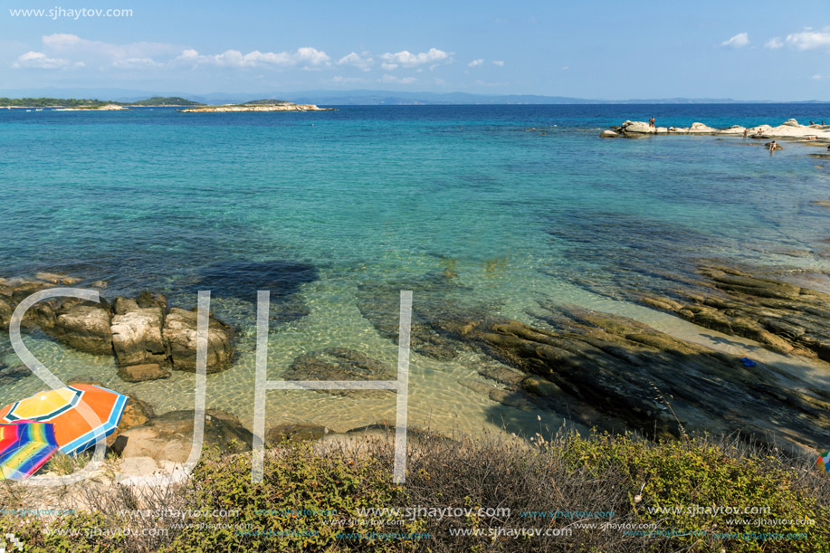 CHALKIDIKI, CENTRAL MACEDONIA, GREECE - AUGUST 26, 2014: Seascape of Karidi Beach Vourvourou at Sithonia peninsula, Chalkidiki, Central Macedonia, Greece