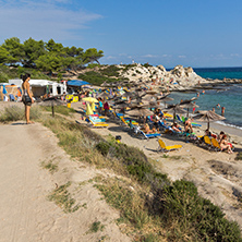 CHALKIDIKI, CENTRAL MACEDONIA, GREECE - AUGUST 26, 2014: Seascape of Orange Beach Kavourotripes at Sithonia peninsula, Chalkidiki, Central Macedonia, Greece
