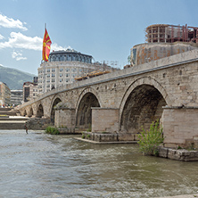 SKOPJE, REPUBLIC OF MACEDONIA - 13 MAY 2017: Skopje City Center, Old Stone Bridge and Vardar River, Republic of Macedonia