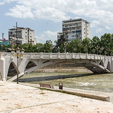SKOPJE, REPUBLIC OF MACEDONIA - 13 MAY 2017: River Vardar passing through City of Skopje center, Republic of Macedonia