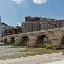 SKOPJE, REPUBLIC OF MACEDONIA - 13 MAY 2017: Skopje City Center, Old Stone Bridge and Vardar River, Republic of Macedonia