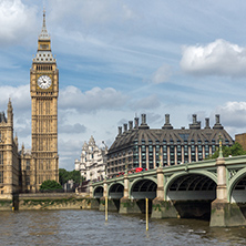 LONDON, ENGLAND - JUNE 19 2016: Cityscape of Westminster Palace, Thames River and Big Ben, London, England, United Kingdom