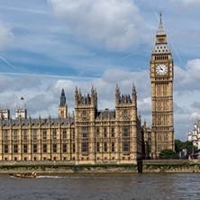 LONDON, ENGLAND - JUNE 19 2016: Cityscape of Westminster Palace, Thames River and Big Ben, London, England, United Kingdom