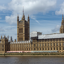 LONDON, ENGLAND - JUNE 19 2016: Cityscape of Westminster Palace and Thames River, London, England, United Kingdom