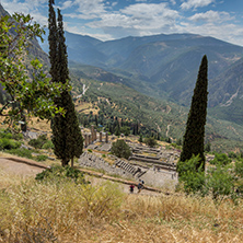 Panorama of Amphitheater in Ancient Greek archaeological site of Delphi, Central Greece