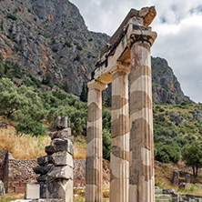 Amazing view of Ruins and Athena Pronaia Sanctuary at Ancient Greek archaeological site of Delphi, Central Greece