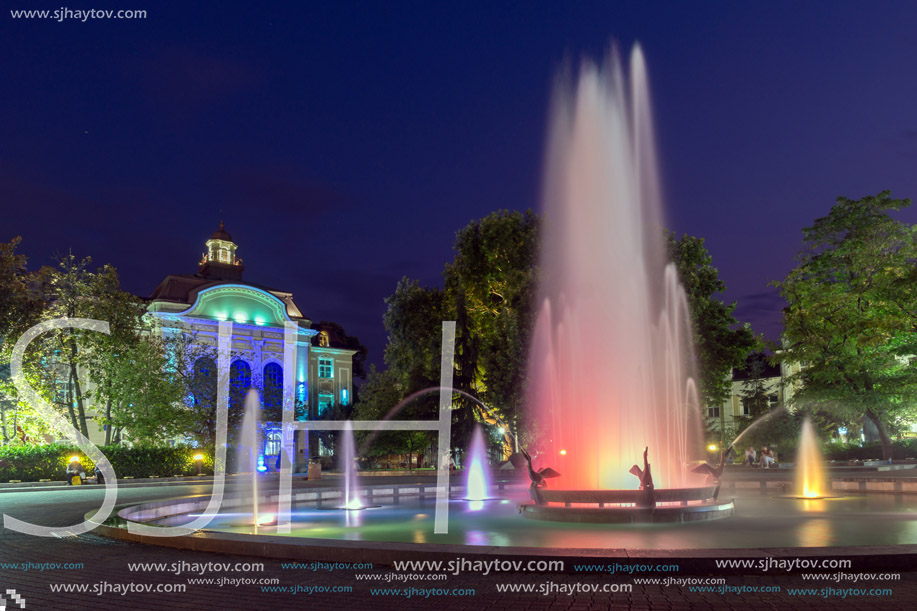 PLOVDIV, BULGARIA - AUGUST 22,  2017: Night photo of City Hall and fountain in city of Plovdiv, Bulgaria