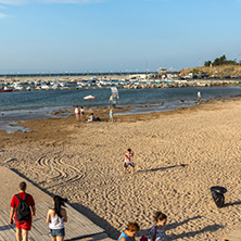 CHERNOMORETS, BULGARIA - AUGUST 16, 2017:  Seascape of port and beach of Chernomorets, Burgas region, Bulgaria