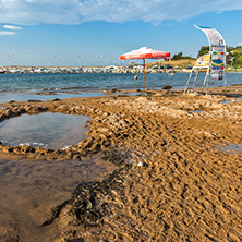 CHERNOMORETS, BULGARIA - AUGUST 16, 2017:  Seascape of port and beach of Chernomorets, Burgas region, Bulgaria