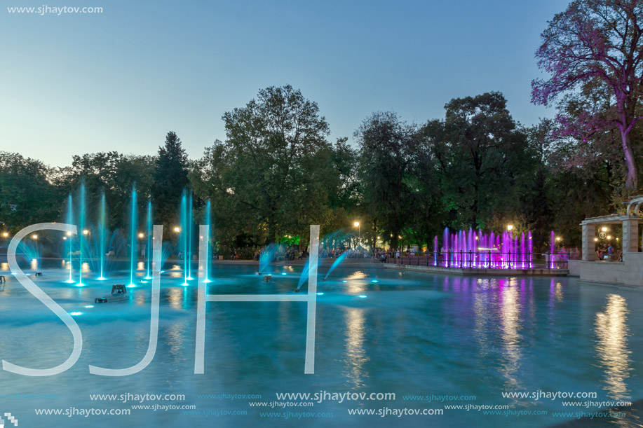 PLOVDIV, BULGARIA - SEPTEMBER 3, 2016:  Night panorama of Singing Fountains in City of Plovdiv, Bulgaria