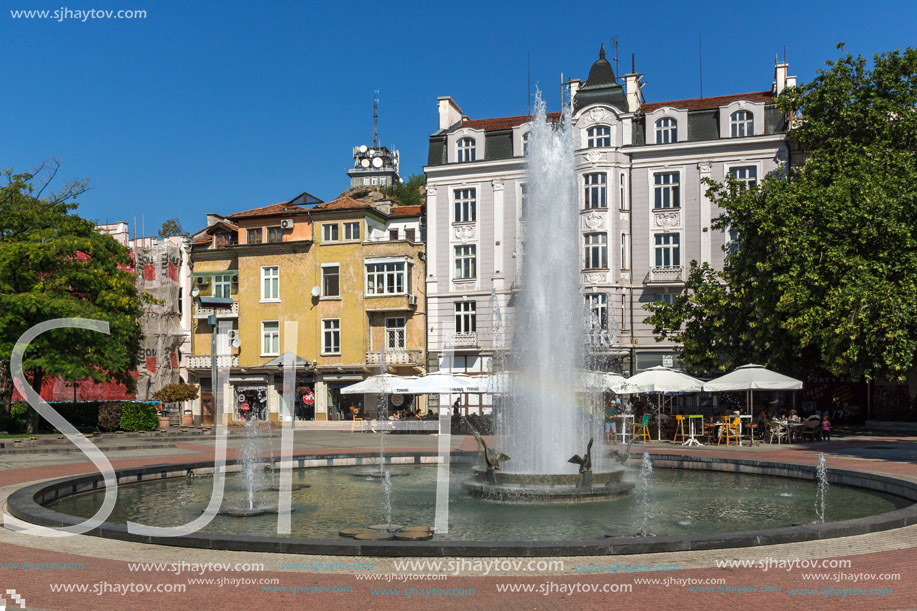 PLOVDIV, BULGARIA - SEPTEMBER 1, 2017:  Panoramic view of cental street and fountain in front of City hall in city of Plovdiv, Bulgaria