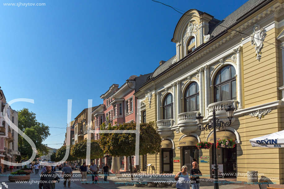 PLOVDIV, BULGARIA - SEPTEMBER 1, 2017:  Panorama of central street Knyaz Alexander I in city of Plovdiv, Bulgaria