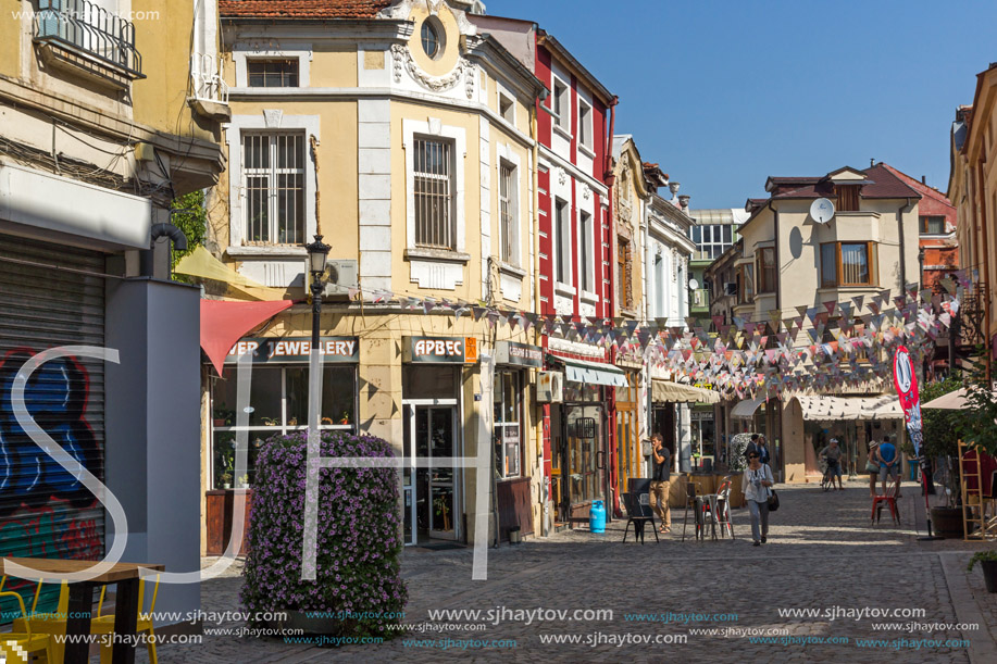 PLOVDIV, BULGARIA - SEPTEMBER 1, 2017:  Street in district Kapana, city of Plovdiv, Bulgaria