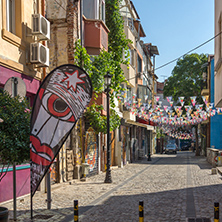 PLOVDIV, BULGARIA - SEPTEMBER 1, 2017:  Street in district Kapana, city of Plovdiv, Bulgaria