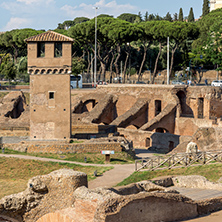 ROME, ITALY - JUNE 22, 2017: Amazing panoramic view of Circus Maximus and Palatine Hill in city of Rome, Italy